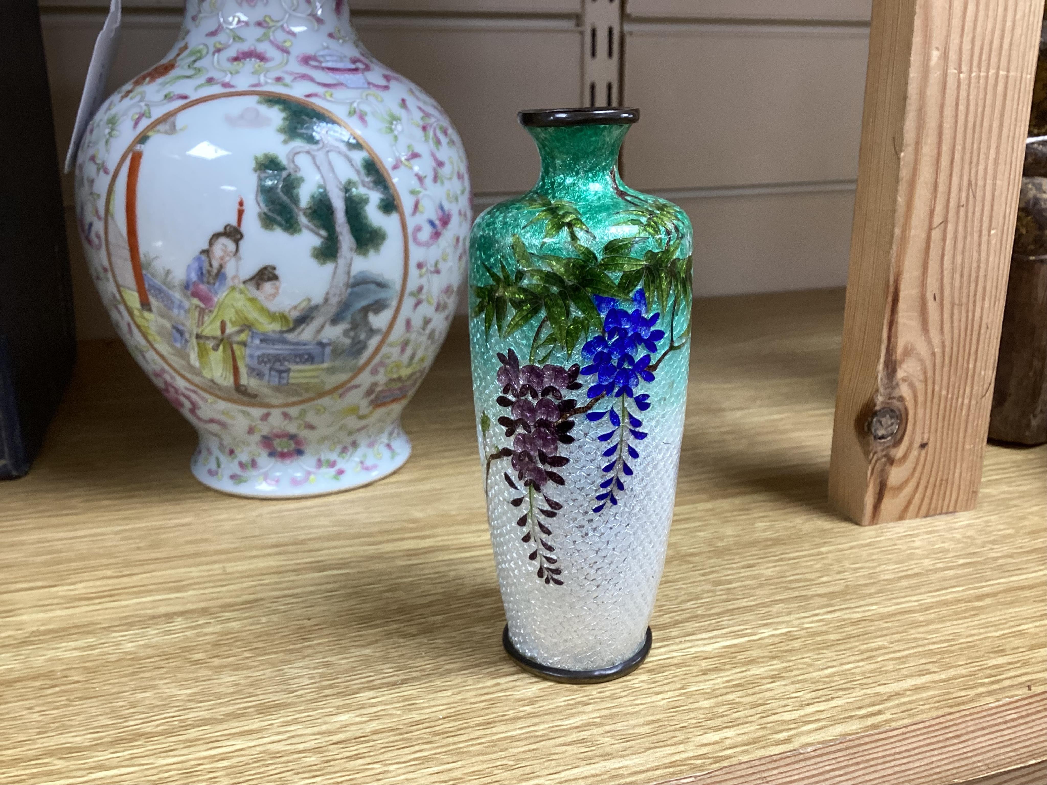 A Chinese famille rose vase, a powder box and an enamelled vase, largest 21cm high